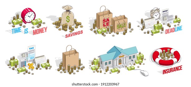Business and finance concepts 3D vector illustrations set isolated on white background, money theme conceptual design collection, savings, bank, contract, income, safety, online.