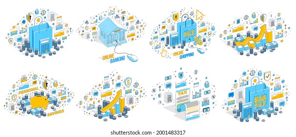Business and finance concepts 3D vector illustrations set isolated on white background, money theme conceptual design collection, savings, bank, contract, income, safety, online.