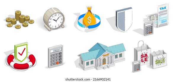 Business and finance concepts 3D vector illustrations set isolated on white background, money theme conceptual design collection, savings, bank, contract, income, safety, online.
