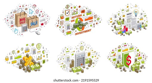 Business and finance concepts 3D vector illustrations set isolated on white background, money theme conceptual design collection, savings, bank, contract, income, safety, online.