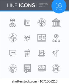 Business and finance concepts - modern line design style icons set. Professor, notepad, brains, bank, pen, diamond, organizer, hierarchy, faq sign, coffee to go, tea, origami