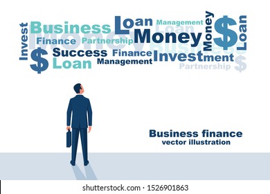 Business finance conceptual. Cloud with text business words. Vector illustration flat design. Isolated on white background. Successful businessman is looking up.