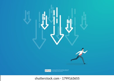 concepto de crisis de finanzas empresariales con carácter de hombre de negocios. el dinero cae con el símbolo de reducción de flecha. la economía que estira a la economía mundial perdió la quiebra. reducción de costes o pérdida de ingresos
