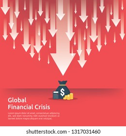business finance crisis concept. money fall down with arrow decrease symbol. economy stretching rising drop, global lost bankrupt. cost declining reduction or loss of income. vector illustration.