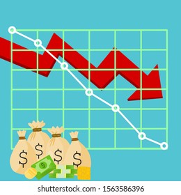 Business Finance Crisis Concept. Money Fall Down With Arrow Decrease Symbol. Stock Market Downward Trend Chart Vector Illustration.