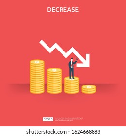 business finance crisis concept. money fall down symbol. arrow decrease economy stretching rising drop. lost crisis bankrupt declining. cost reduction. loss of income. vector illustration.