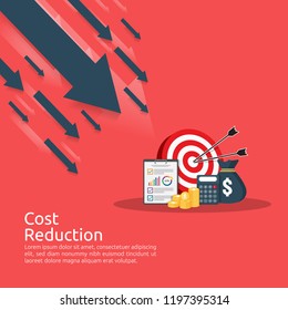 business finance crisis concept. stack pile coins and money bag icon. arrow decrease economy stretching rising drop. lost bankrupt declining. cost reduction. loss of income. vector illustration.