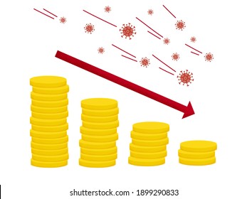 Business finance crisis in coronavirus pandemic, global economy fall down with red arrow decrease symbol, people and families lose money