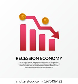 business finance crisis. Global economy recession. Inflation and bankrupt. Market fall and loss income. illustration of red chart, golden money and bearish arrow