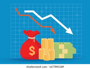 Business finance crisis,  graph down, red Indication arrows, vector design