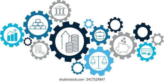 Business and finance development. Banking and law ecosystem icons. Financial technology and regulations. Money, finance and payments elements. Simple vector illustration