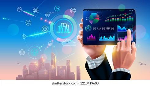 Business Finance Diagramm und Strategie des Verkaufs auf Bildschirm Tablette in Händen Geschäftsmann. Interface Mobile Applikation mit Diagramm der voraussichtlichen Finanzdaten.  Intelligentes Geschäftskonzept.