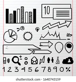 business finance doodle hand drawn elements. Concept - graph, chart, pie, arrows signs