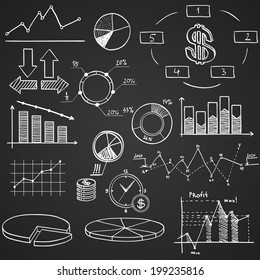 business finance doodle hand drawn elements and alphabet blue background  Concept    analytics  work  marketing  strategy