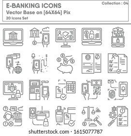 Business Finance E-Banking and Money Transaction Icons Set, Icon Collection for Technology Internet Online Banking. Mobile Payment and Convenience Currency Exchange, Infographic Illustration Design.