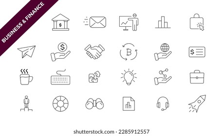 Business and finance editable stroke line icon set with money, bank, check, law, auction, exchance, payment, wallet, deposit, piggy, calculator, web and more isolated outline thin symbol.
