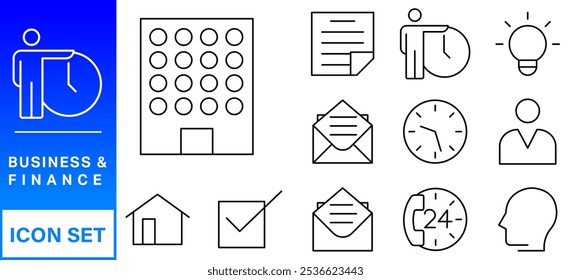 Business and finance editable stroke line icon set with money, bank, check, law, auction, exchance, payment, wallet, deposit, piggy, calculator, web and more isolated outline thin symbol