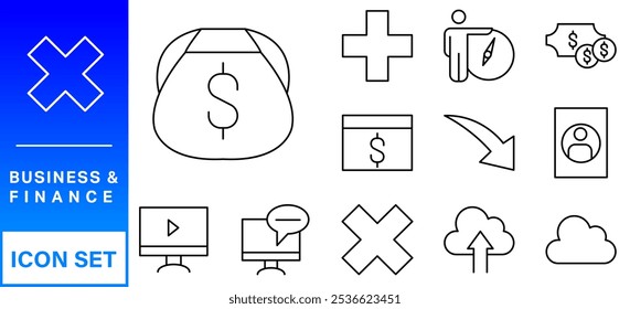 Business and finance editable stroke line icon set with money, bank, check, law, auction, exchance, payment, wallet, deposit, piggy, calculator, web and more isolated outline thin symbol