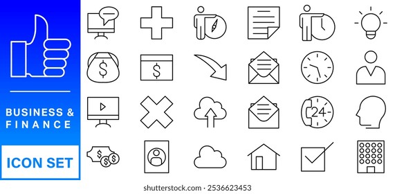 Business and finance editable stroke line icon set with money, bank, check, law, auction, exchance, payment, wallet, deposit, piggy, calculator, web and more isolated outline thin symbol