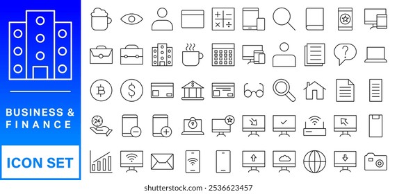 Business and finance editable stroke line icon set with money, bank, check, law, auction, exchance, payment, wallet, deposit, piggy, calculator, web and more isolated outline thin symbol