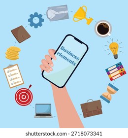 Quadro de elementos empresariais ou financeiros mostrando os fundamentos de trabalho no escritório com notebook, pastas, dinheiro, caneca de café, pasta e ampulheta para gerenciamento de produtividade e tempo