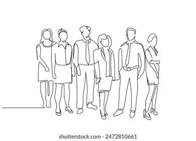 business finance employees people managers together pose office full body length group team one line art design vector