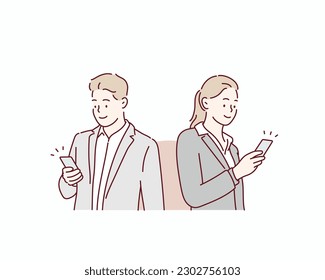 Business, finance and employment, female successful entrepreneurs concept. business people using mobile phone to contact clients. Hand drawn style vector design illustrations.