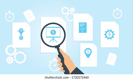 Business, finance file, document research vector illustrationDocument with search icons. File and magnifying glass. Analytics research sign. Vector Illustration