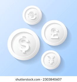 Business Finance Financial Growth Concept Money Dollar Coin Cash Dollar Pound sterling Euro Yen Money Currency Sign 3D White Paper Cut Paper art style Icon Isolated Background Vector Illustration