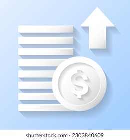 Business Finance Financial Growth Concept Money Dollar Coins Stack Arrow Up Increasing Investment Cash Currency Sign 3D White Papercut Paper art style Icon Isolated Background Vector Illustration