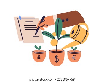 Business and finance, financial literacy concept. Signing investment, deposit bank agreement for capital growth. Economics and investing study. Flat vector illustration isolated on white background