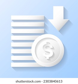 Business Finance Financial Reducing Concept Money Dollar Coins Stack Arrow Down Decreasing Investment Cash Currency Sign 3D White Papercut Paper art style Icon Isolated Background Vector Illustration