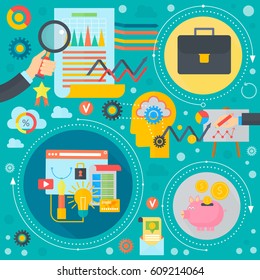 Business and finance flat concept. Business infographics template icons in circles design, web elements, poster banner, Vector illustration.