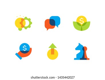 Business and finance - flat design style icons set. High quality colorful images of a gear and lightbulb, speech bubbles, flower with a dollar, hand holding a coin, arrow up, chess knight and pawn