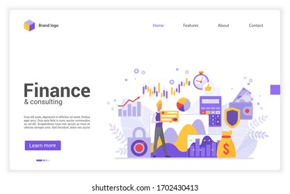 Business Finance flach Design Vektorillustration Illustration Landing Page Template. Fachberater zu verschiedenen Finanzfragen, Wirtschaftsprognose, Strategieplanung, Marktforschung und Investitionen