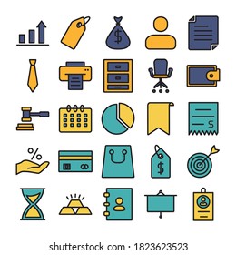 Business And Finance Flat Icon Set Color With Line Style Design Vector Template Illustration