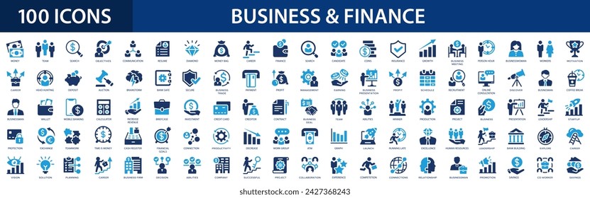 Conjunto de iconos planos de negocios y finanzas. Reunión, banco, dinero, asociación, pagos, equipo de negocios, cartera, ganancia, empresa, gestión, iconos de planificación y más señales. Colección de iconos planos.