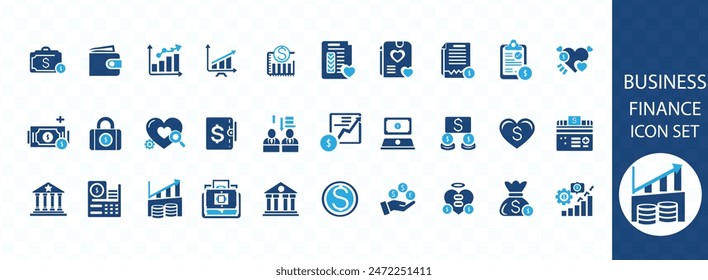 Business and finance flat icons set. Meeting, bank, money, partnership, payments, business