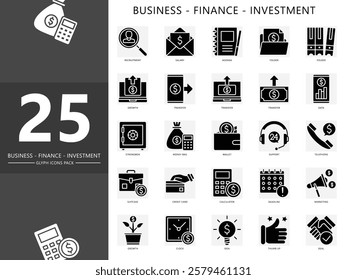 Business, finance glyph icon set. contain recruitment, salary, transfer, growth, money, wallet, budget, marketing and more. vector EPS 10. use for digital or print, UI, UX kit web, app development.