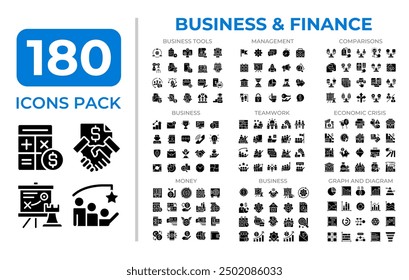 Business finance glyphs icon set collection. Corporate teamwork. Economic crisis. Financial management mega pack of black solid symbols, pixel perfect. Isolated vector illustrations. Editable stroke