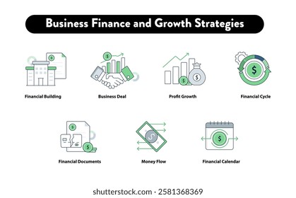 Business Finance and Growth Strategies. Financial Building with Document, Business Deal with Growth Chart, Profit Growth, Financial Cycle with Gear, Financial Documents, Money Flow, Financial Calendar