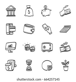 Business and finance hand drawn doodle icons set.