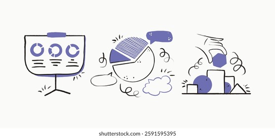 Business and finance hand-drawn icons set. Sketch-style illustrations of financial growth, data analysis, investment, and digital marketing. Flat vector doodle collection for business presentations