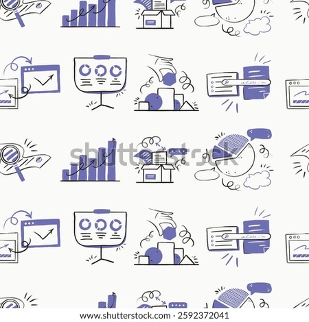 Business and finance hand-drawn seamless pattern. Sketch-style illustrations of financial growth, data analysis, investment, and digital marketing. Flat vector for business presentations