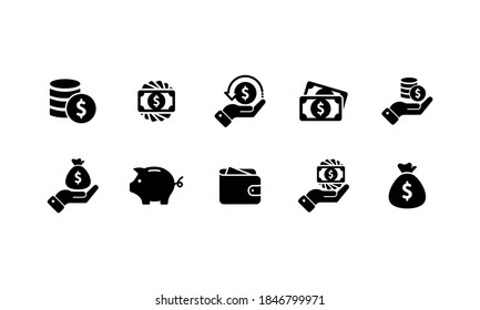 Business and finance icon. Dollar coin vector, credit card, wallet, money bag, piggy bank, investment, stack, receipt, any currency, cash, cashbox.