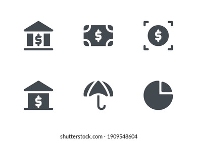 Business and finance icon set with bank, money, coin, Real Estate, Insurance and Pie Chart icon. Solid style