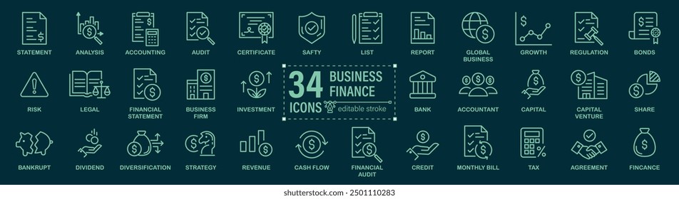 Conjunto de iconos de finanzas de negocios. Contiene estados financieros, auditoría, crecimiento, acciones, bonos, estrategia, iconos de bancarrota.