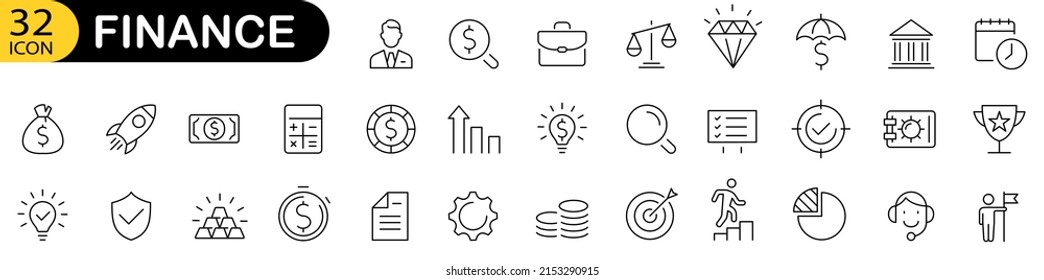 Business and finance icon set. Finance editable stroke line icon set with money. Minimal thin line web icon set. Money, bank, check, law, auction, exchance, payment. Vector illustration. - Shutterstock ID 2153290915
