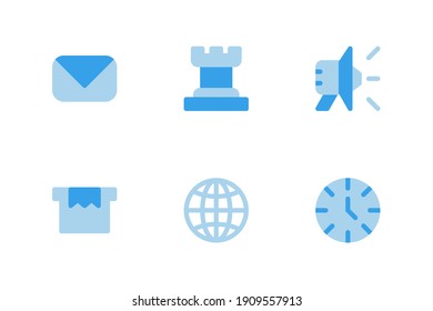 Business and finance icon set with envelope, megaphone, box, internet, clock and Strategy icon. flat style