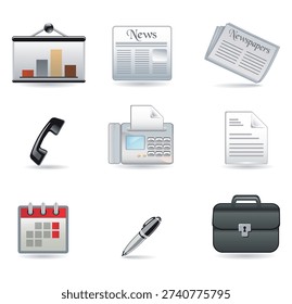 Business and finance icon set featuring charts, calendar, phone and briefcase symbols. Professional glossy vector collection ideal for corporate dashboards, reports and financial applications.